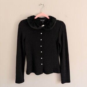 Y2K BLACK MY MICHELLE GLITTERY FAUX FUR TRIM CARDIGAN SWEATER TOP